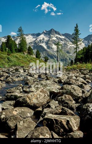 Katunsky Reserve, Russland. 6. August 2022. Stürmischer Fluss Multa auf dem Gebiet des Katunsky-Reservats im Altai-Gebirge.nur vier Flugstunden von Moskau entfernt, befinden Sie sich in einer völlig anderen Welt: Die Welt der majestätischen jungen Berge, der weiten grünen Hügelltäler, der Zedernwälder, der turbulenten Flüsse und der Gletscherseen. Altai! (Bild: © Mihail Siergiejevicz/SOPA Images via ZUMA Press Wire) Stockfoto