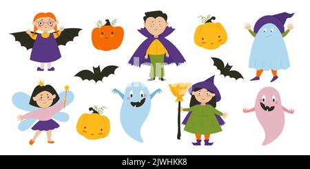 Kinder in dracula, Hexe, Fledermaus und Fee Kostüme, halloween Party Charaktere Set. Vektorgrafik Stock Vektor