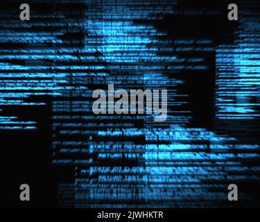 Digital generierte, glänzend blaue Codierung auf schwarzem Hintergrund Stockfoto