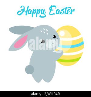 Frohe Ostern. Niedliche Cartoon-Osterbanner mit Ostereiern und Haare. Vector Grüße für Ostern im flachen Kawaii-Stil. Abbildung des untergeordneten Vektors. Stock Vektor