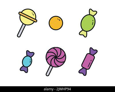 Set von Candy Icons. Süßigkeiten für Kinder, Konditoreien. Vektorgrafik. Stock Vektor
