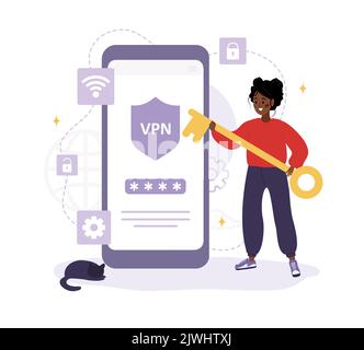 VPN-Technologie. Afrikanische Frau, die Software zum Schutz personenbezogener Daten verwendet. Virtuelle private Netzwerkverbindung. Internetdienstanbieter. Sicheres Internet Stock Vektor