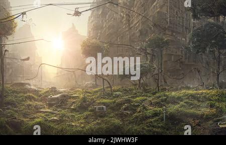 Post apokalyptische Stadt, dystopische überwuchert Gebäude, digitale Malerei Stockfoto