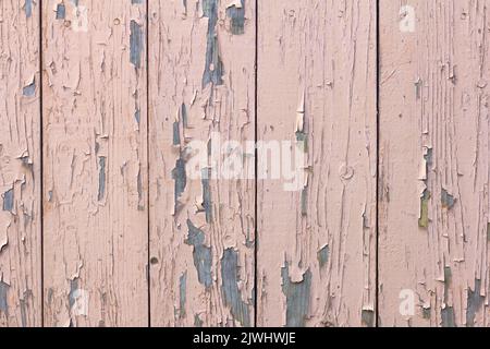 Die Textur einer alten verwitterten Holzwand mit Überresten beigefarbener Farbe. Holzhintergrund mit Platz zum Kopieren Stockfoto