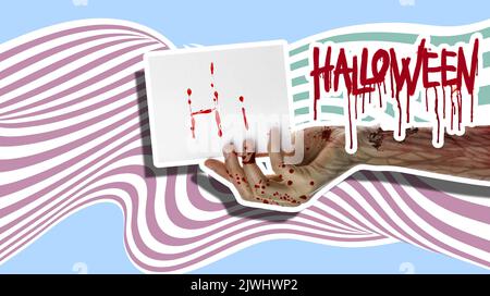 Werbebanner für Halloween Party mit Monsterhand Stockfoto