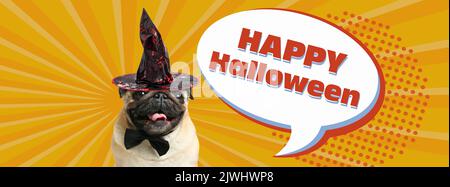 Werbebanner für Halloween Party mit lustigen Mops Hund Stockfoto