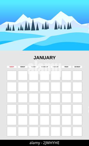 Kalenderplanungsmonat Januar. Minimalistisches Schneefeld Landschaft natürliche Hintergründe Winter. Monatliche Vorlage für das Tagebuchgeschäft. Vektor isoliert Stock Vektor