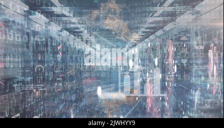 Bild von digitalen Symbolen, Datenverarbeitung und binärer Codierung über leerem Computerserverraum Stockfoto