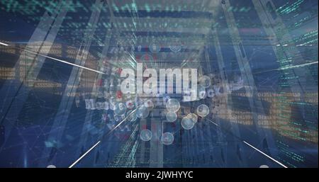 Bild der Sicherheitskette, der Welt der digitalen Symbole und der Datenverarbeitung über dem Computerserverraum Stockfoto