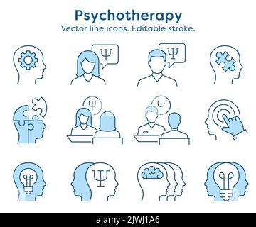 Symbol für Psychologie gesetzt. Sammlung von Geist, Gehirn, Emotion, psychische Gesundheit und mehr. Vektorgrafik. Bearbeitbare Konture. Stock Vektor