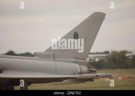 Bukarest, Rumänien - 4. September 2022: Eurofighter Typhoon auf dem Aurel Vlaicu Flughafen in Bukarest während einer Flugshow. Stockfoto