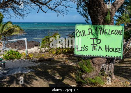 Bula-Schild, das Gäste in Lo's Tea House, Nanuya Lai Lai Island, Yasawa Islands, Fidschi begrüßt Stockfoto