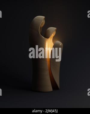 Eine abstrakte stilisierte Holzschnitzerei, die eine christliche weihnachtskrippe mit maria, josef und dem Jesuskind als erhellendes Licht darstellt - 3D r Stockfoto