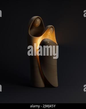 Eine abstrakte stilisierte Holzschnitzerei, die eine christliche weihnachtskrippe mit maria, josef und dem Jesuskind als erhellendes Licht darstellt - 3D r Stockfoto