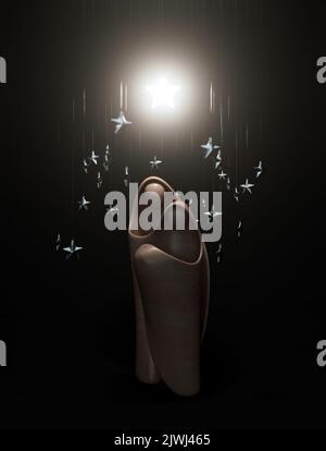 Eine abstrakte, stilisierte Holzschnitzerei, die eine christliche weihnachtskrippe darstellt, die von hängenden Sterndekorationen umgeben und von einem beleuchteten Stern beleuchtet ist Stockfoto