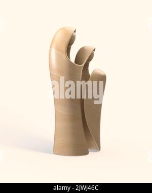 Eine abstrakte stilisierte Holzschnitzerei, die eine christliche weihnachtskrippe mit maria, josef und dem Jesuskind darstellt - 3D Render Stockfoto