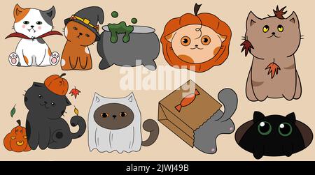 Niedliches Katzenpaket, das für die Halloween-Feier gekleidet war Stock Vektor
