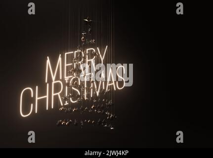 Ein Konzept für eine Sammlung von hängenden weihnachtsdekorationen, die die Form eines Baumes bilden, der von einem Neonschild mit fröhlichen weihnachten beleuchtet wird - 3D Render Stockfoto