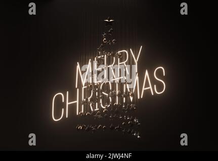 Ein Konzept für eine Sammlung von hängenden weihnachtsdekorationen, die die Form eines Baumes bilden, der von einem Neonschild mit fröhlichen weihnachten beleuchtet wird - 3D Render Stockfoto