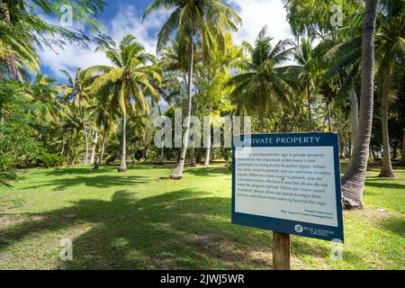 Schilderberatung über eingeschränkten Zugang zu Privateigentum, Blue Lagoon, Nanuya Lailai Island, Yasawa Islands, Fiji Stockfoto