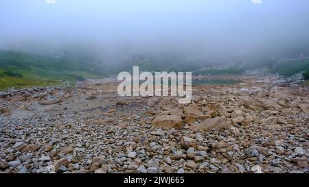 Eine dicke Nebelwolke am Fuße der Hohen Tatra in der Slowakei. Die Felsen sind mit Nebelwolken bedeckt Stockfoto