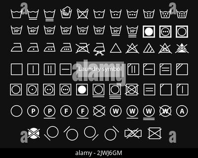 Symbole Für Waschmaschinen. Satz von Symbolen zum Waschen. Vollständige Symbole für Wäsche, Handwäsche, Waschmaschine, Etikett, Bügeleisen, Fürsorglich. Vektorgrafik. Stock Vektor