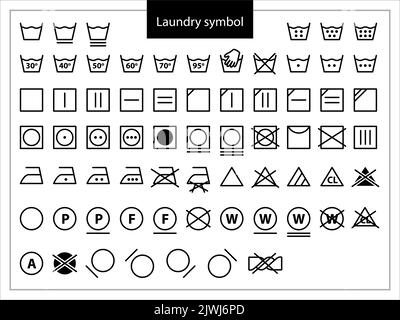 Symbole Für Waschmaschinen. Satz von Symbolen zum Waschen. Vollständige Symbole für Wäsche, Handwäsche, Waschmaschine, Etikett, Bügeleisen, Fürsorglich. Vektorgrafik. Stock Vektor