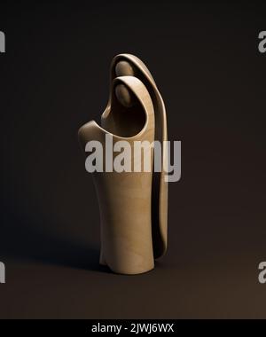 Eine abstrakte stilisierte Holzschnitzerei, die eine christliche weihnachtskrippe mit maria, josef und dem Jesuskind darstellt - 3D Render Stockfoto