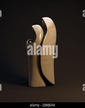 Eine abstrakte stilisierte Holzschnitzerei, die eine christliche weihnachtskrippe mit maria, josef und dem Jesuskind darstellt - 3D Render Stockfoto