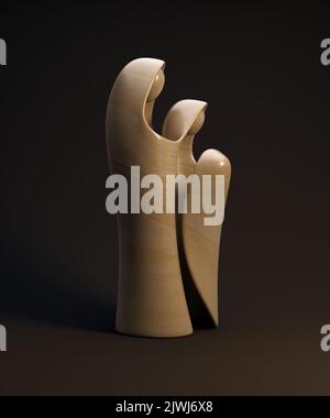 Eine abstrakte stilisierte Holzschnitzerei, die eine christliche weihnachtskrippe mit maria, josef und dem Jesuskind darstellt - 3D Render Stockfoto