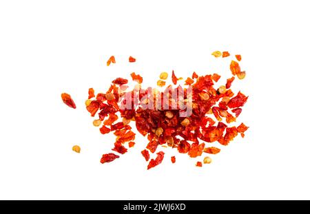 Getrocknete hausgemachte Chilischoten Flocken, die in vielen Küchen als Gewürz verwendet werden, um den Gerichten Wärme hinzuzufügen Stockfoto