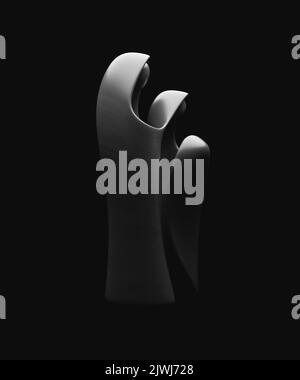 Eine abstrakte stilisierte Holzschnitzerei, die eine christliche weihnachtskrippe mit maria, josef und dem Jesuskind darstellt - 3D Render Stockfoto