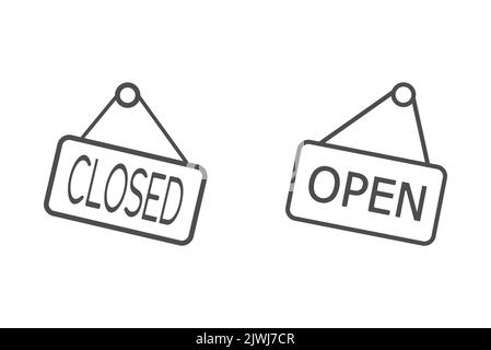 Schilder mit der Aufschrift offen und geschlossen. Ein Schild an der Tür oder dem Schaufenster. Flacher Style Stock Vektor