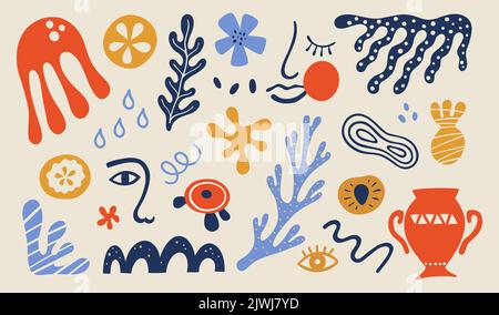 Bio-Blobs, tropische Früchte und Blätter im matisse-Stil. Set von trendigen Doodle abstrakten Elementen. Bundle mit natürlichen Formen, zufällige Freihand-matisse Stock Vektor