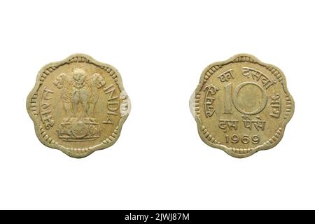 Zehn Paise Coin, Vorder- und Rückseite, Indien, 1969, Indien Stockfoto