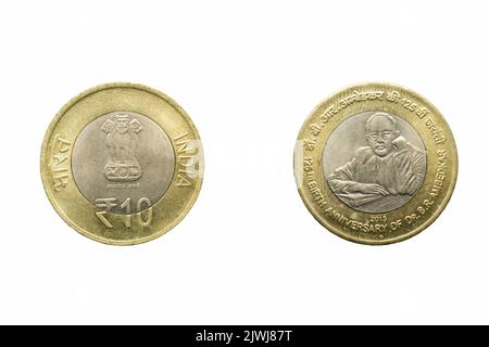 Zehn-Rupien-Münze, Vorder- und Rückseite, Indien, 2015, Indien Stockfoto
