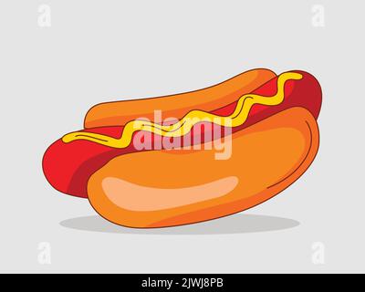 American Hot Dog - gebratene Wurst in einem Brötchen mit Saucen. Fastfood-Mahlzeit. Vektorgrafik. Flacher Cartoon. Stock Vektor