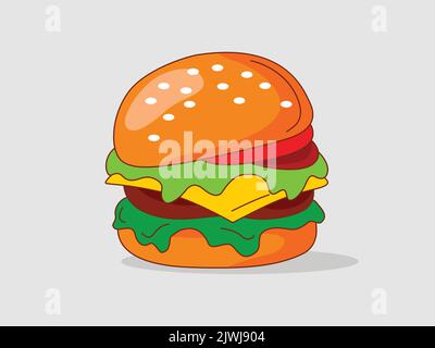 Einfacher frischer Burger mit Käse und Fleisch. Flache Vektorgrafik. Stock Vektor