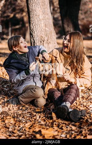 Herbstspaziergänge mit Hund. Glückliche Familie Mutter und Teenager Junge Sohn mit Spaß mit niedlichen Cocker Spaniel Welpen im Herbst Park Stockfoto