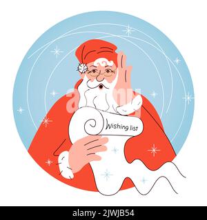Weihnachtskarte mit niedlichem Weihnachtsmann, der in den Händen hält und einen langen Brief auf der weihnachts-Wunschliste liest. Frohe Weihnachten und einen guten Rutsch ins neue Jahr. F Stock Vektor