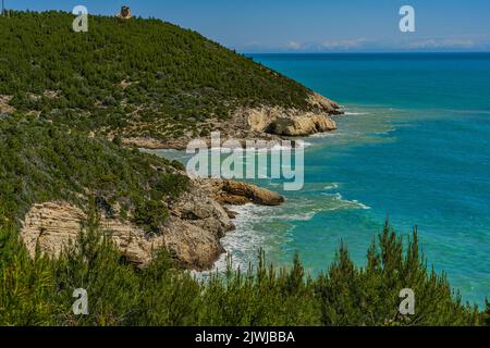 Klippen und Vorgebirge der Bucht von San Felice im Gargano. Klippen mit Blick auf das Meer, bedeckt mit mediterraner Vegetation. Vieste, Apulien Stockfoto