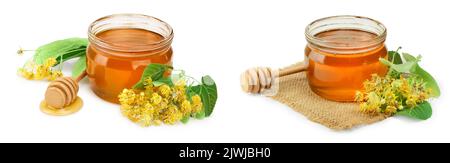 Honig mit Linden Blumen auf weißem Hintergrund. Stockfoto