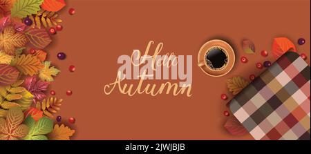 hallo Herbst Hintergrund. Herbst Blätter und Kaffeetasse mit gestrickt. vektor Illustration Design Stock Vektor