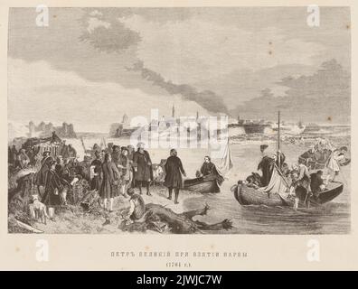 Peter der große beobachtet die Beschlagnahme von Narva im Jahr 1704; Beschreibung der gleichen Komposition. Petrow, N. (Petersburg ; Zakład graficzny ; fl. Ca 1869), Druckerei, Starikow (fl. Ca 1869), Grafiker Stockfoto