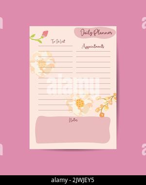 Daily Planner template.Leere bedruckbare vertikale Notizbuchseite mit Platz für Notizen und Ziele. Stock Vektor