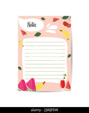 Beachten Sie druckbare Vorlage Vektor mit Obst Illustration. Leere weiße Notizbuchseite Letter-Format für effektive Planung. Stock Vektor