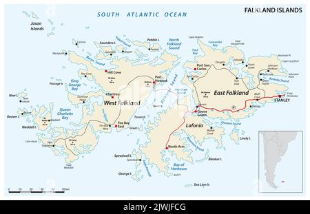 Falklandinseln, auch Malvinas, Vektor-Straßenkarte Stockfoto