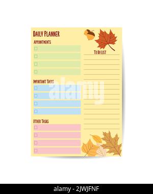Daily Planner Template Organizer und Schedule mit Ort für Notizen Ziele und To Do Liste Template Design mit Herbstlaub Stock Vektor