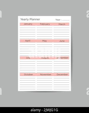 Jahresplaner Vorlage Minimalist Planer Business Organizer Seite Vektor-Design Stock Vektor