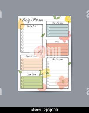 Planner mit originellem Design von Pflanzen, Blumen, Blättern. Niedlicher Vektorplaner für alltägliche Notizen. Notizblock, Notizbuch, Notizen. Stock Vektor
